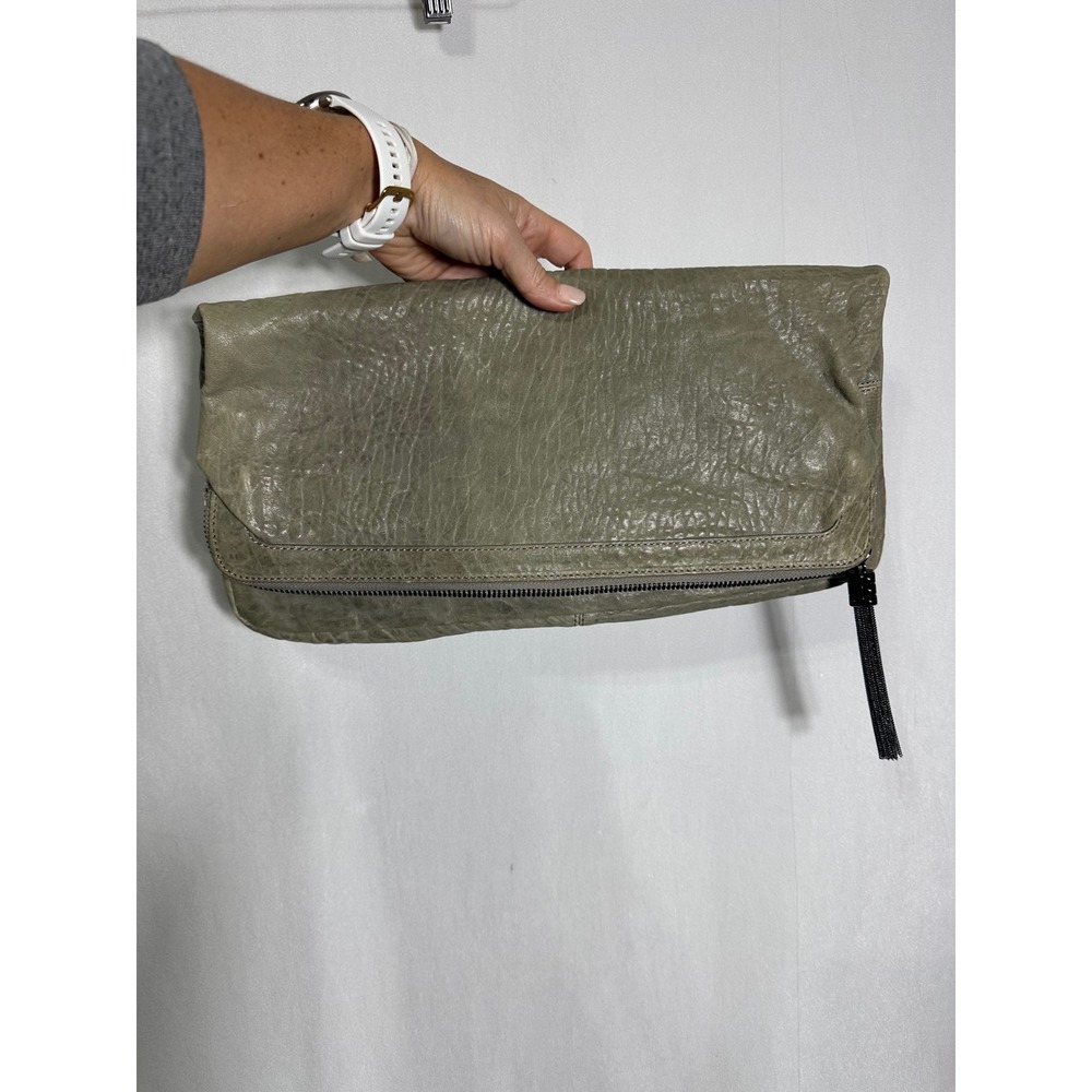 Monika Chiang Sage Green Pebbled Leather Foldover Oversized Clutch Bag Tassel